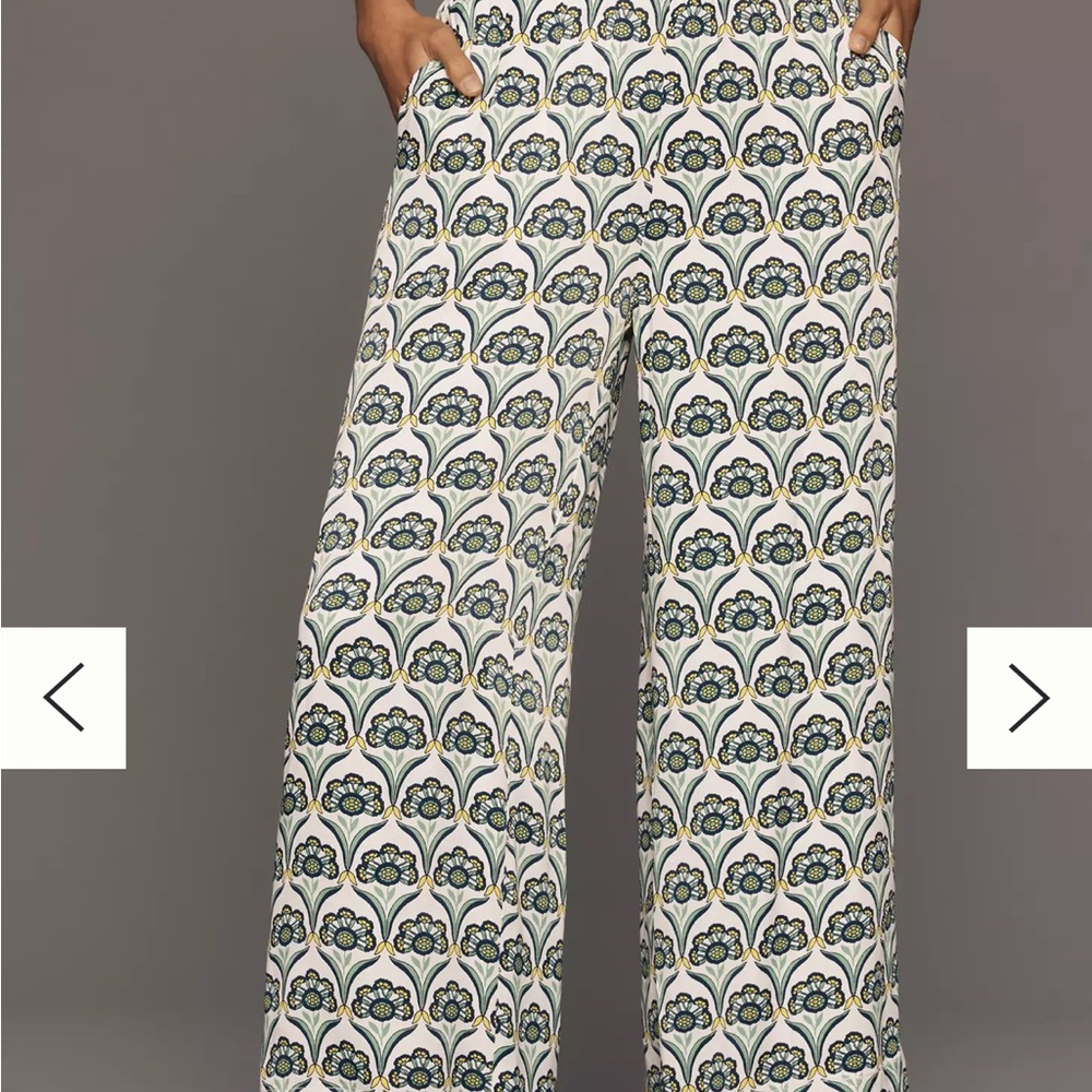 Anthropologie Saria Green Blue Yellow Floral Patterned Wide Leg Pants Size LT - Picture 2 of 5